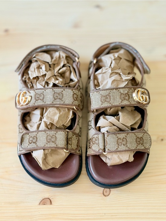Gucci Shoes - Gucci Brown GG Sandals with Gold Double G
